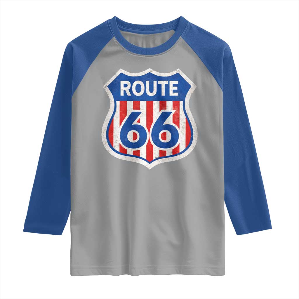 Vintage Route Highway 66 Historical Sign Distressed American Flag Road Trip Raglan Shirt