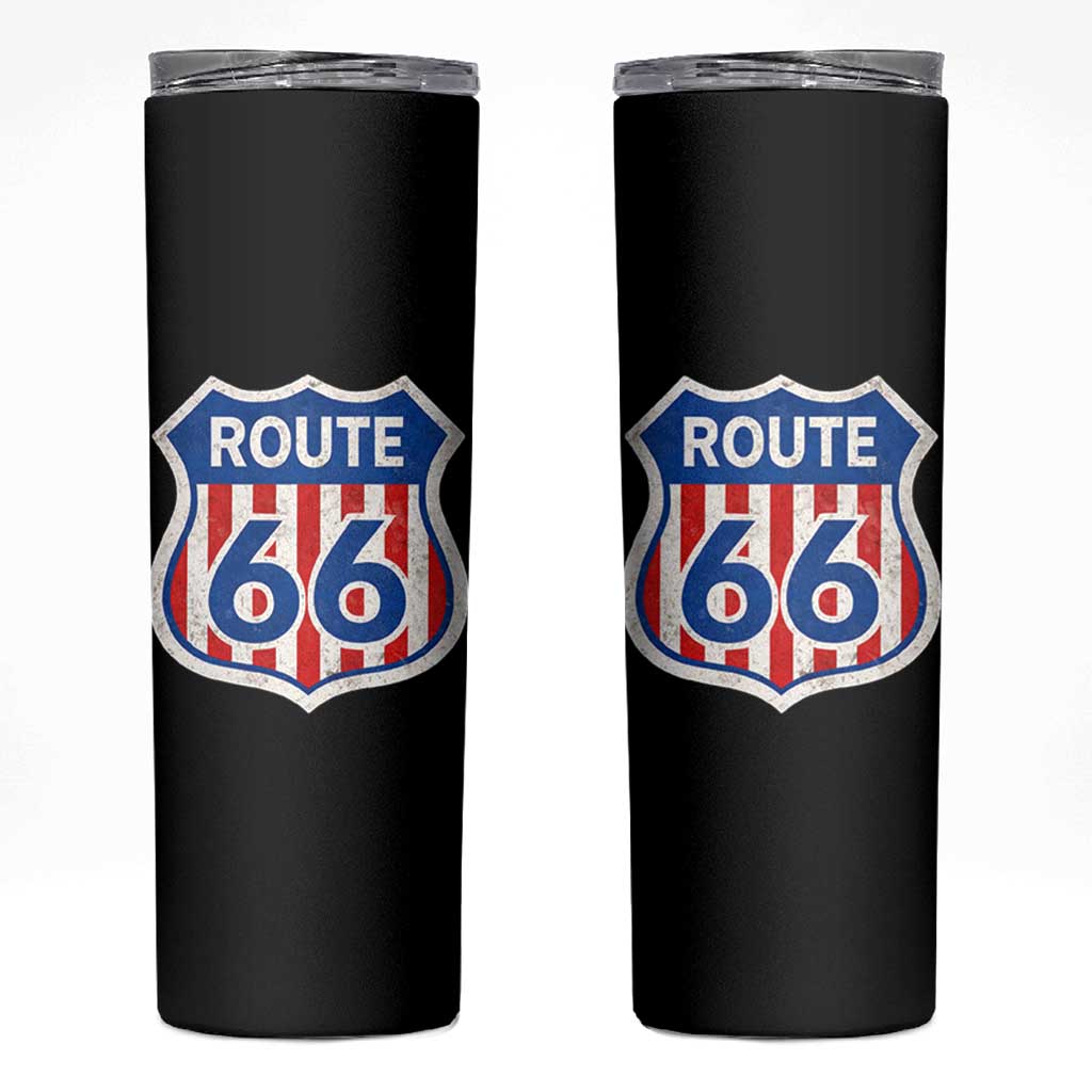 Vintage Route Highway 66 Historical Sign Distressed American Flag Road Trip Skinny Tumbler