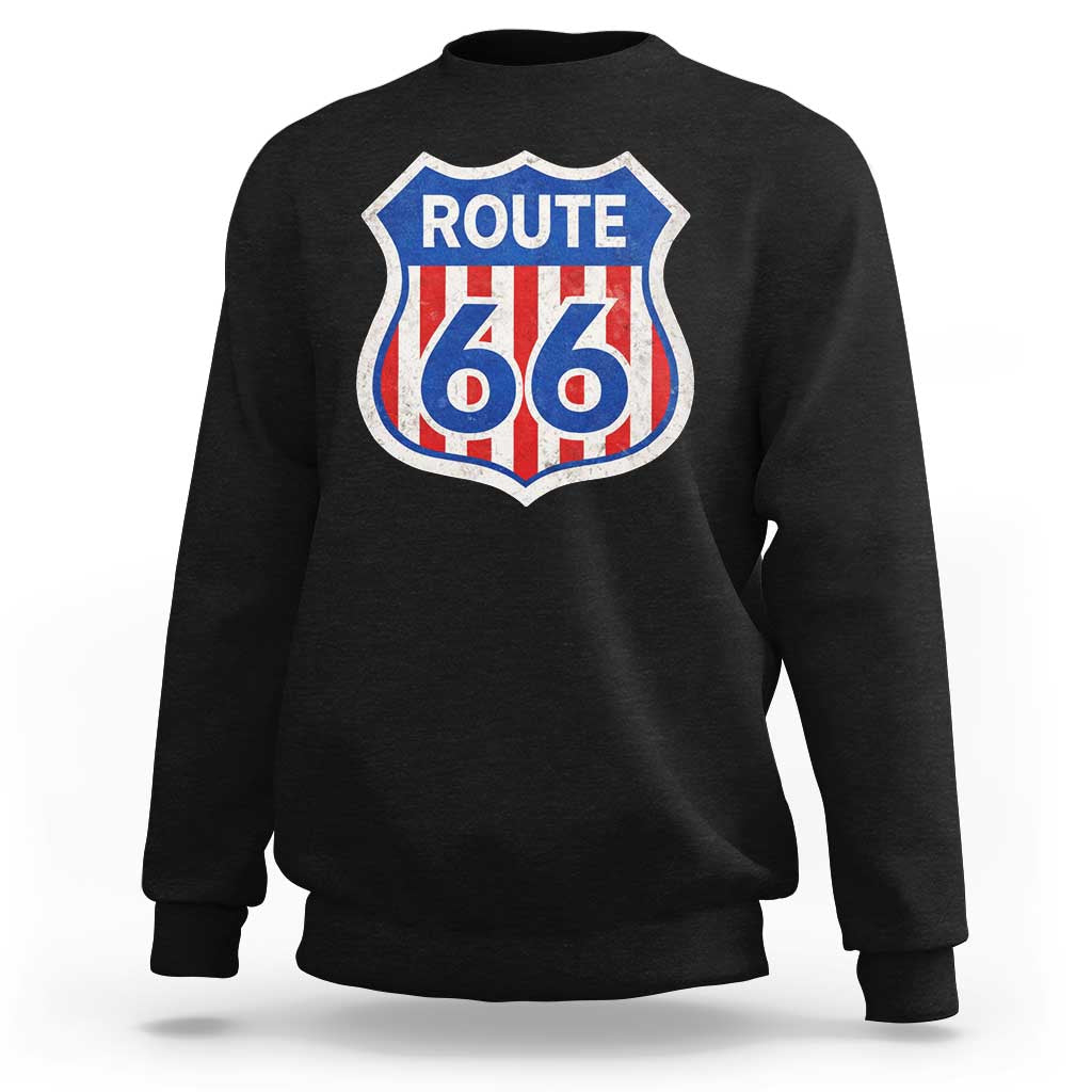 Vintage Route Highway 66 Historical Sign Distressed American Flag Road Trip Sweatshirt