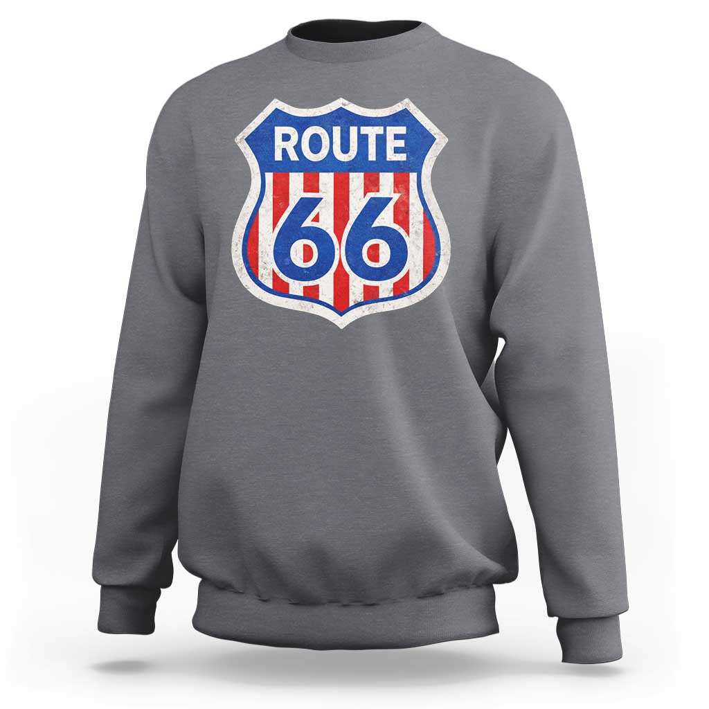 Vintage Route Highway 66 Historical Sign Distressed American Flag Road Trip Sweatshirt