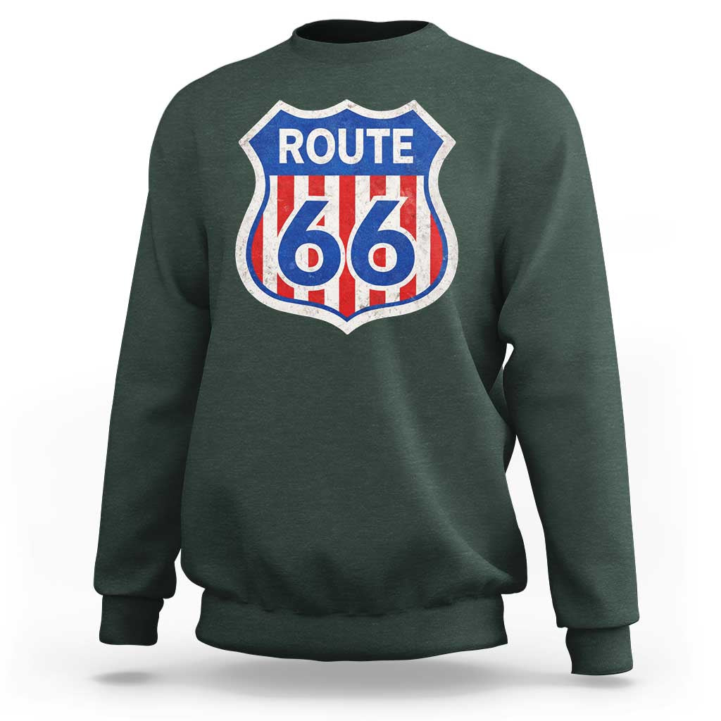 Vintage Route Highway 66 Historical Sign Distressed American Flag Road Trip Sweatshirt