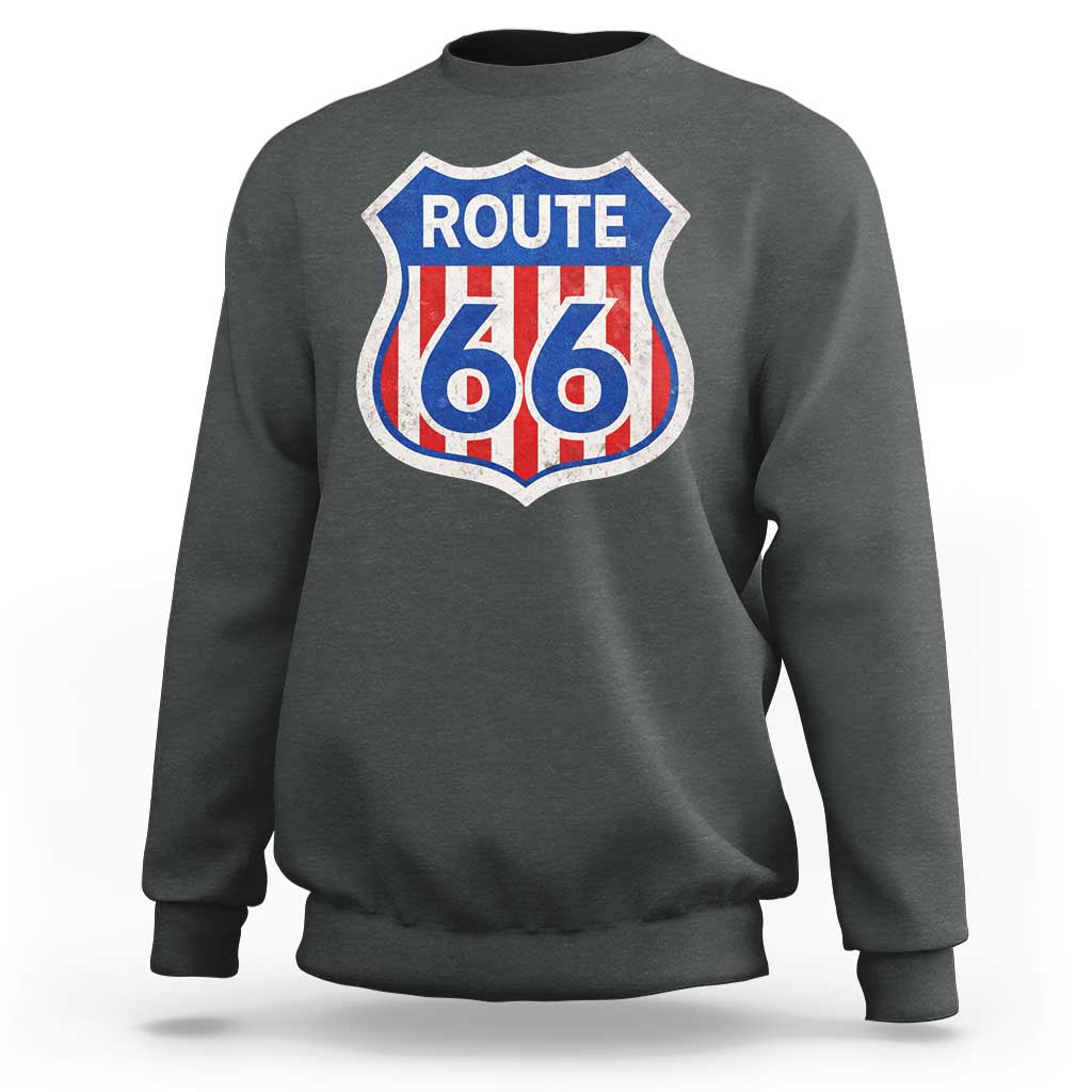 Vintage Route Highway 66 Historical Sign Distressed American Flag Road Trip Sweatshirt