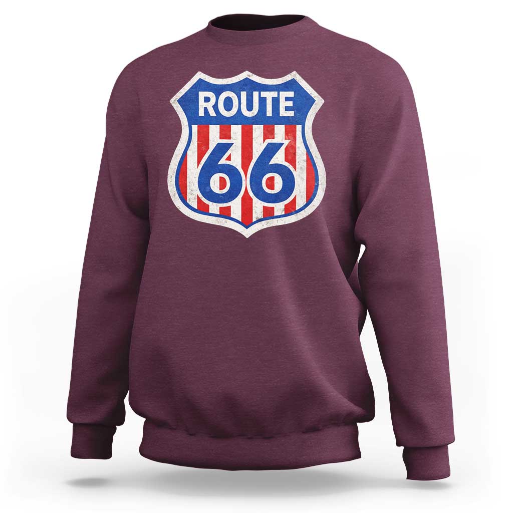Vintage Route Highway 66 Historical Sign Distressed American Flag Road Trip Sweatshirt