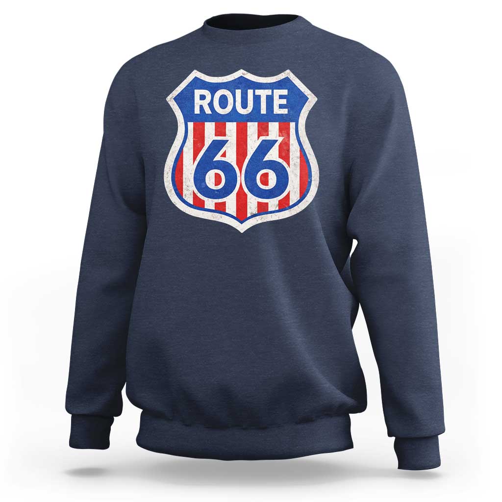 Vintage Route Highway 66 Historical Sign Distressed American Flag Road Trip Sweatshirt