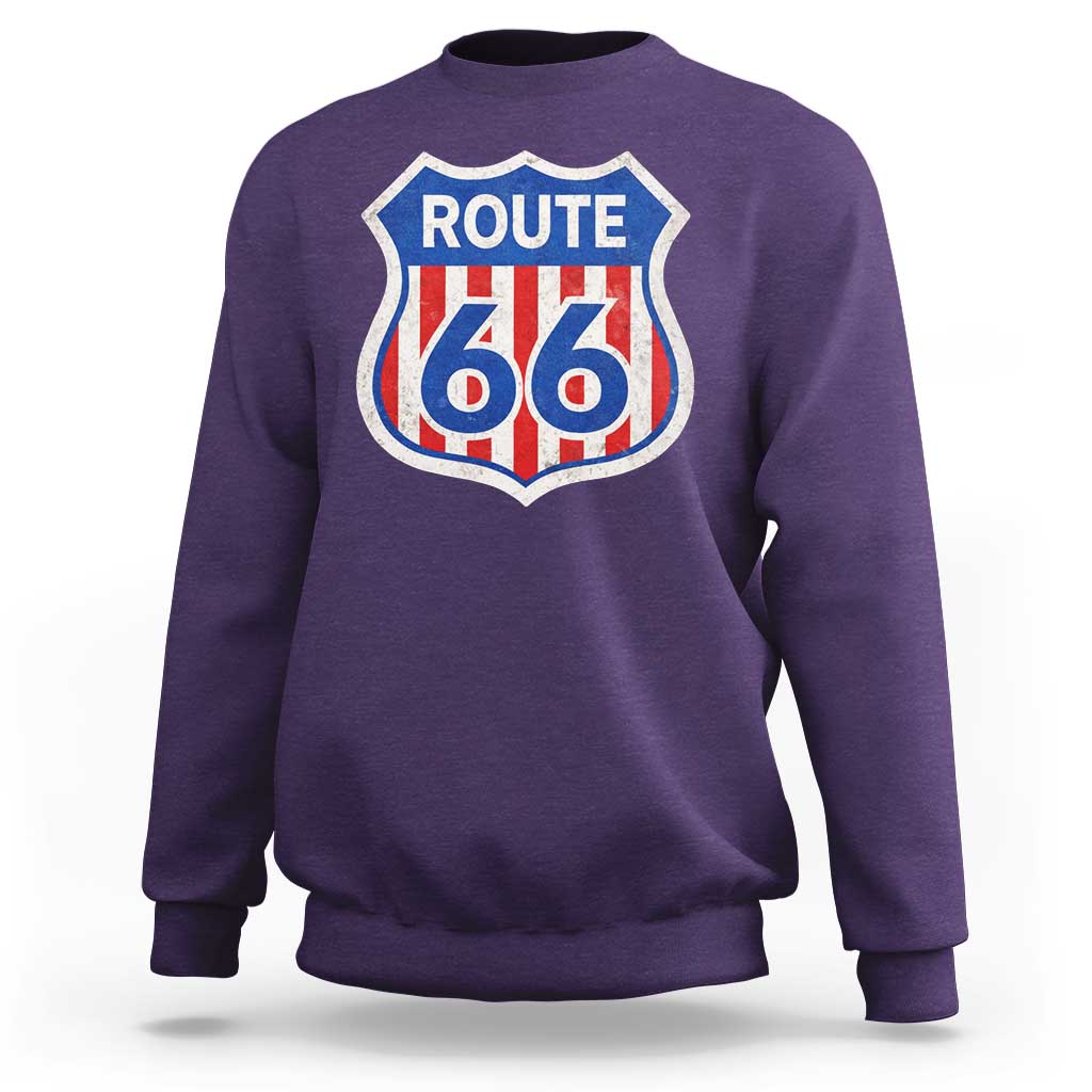 Vintage Route Highway 66 Historical Sign Distressed American Flag Road Trip Sweatshirt