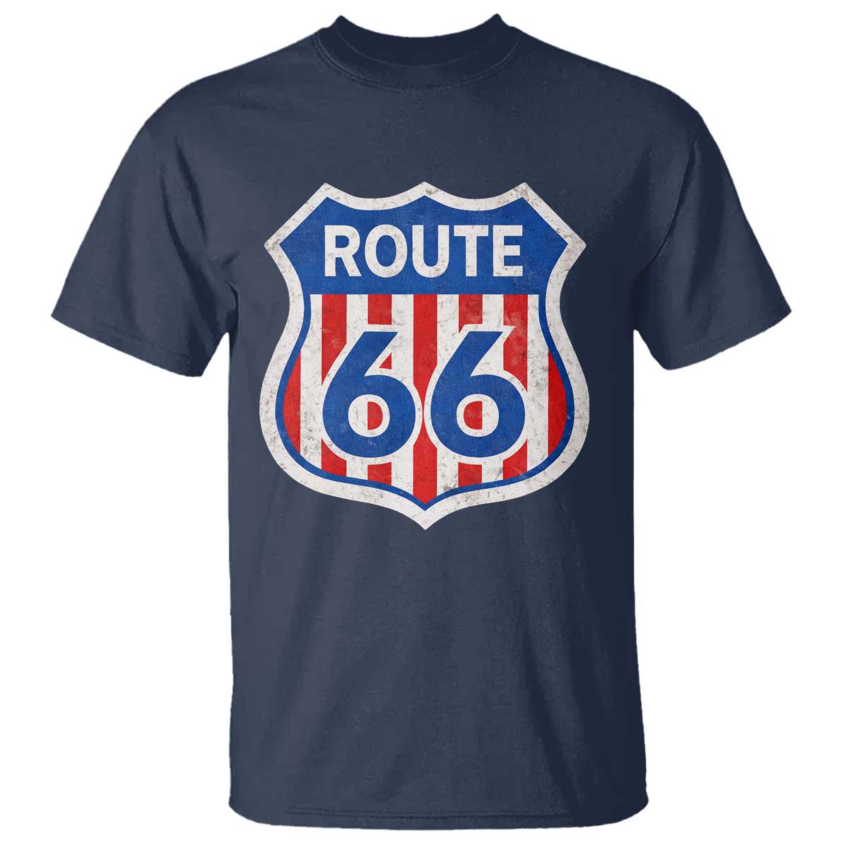 Vintage Route Highway 66 Historical Sign Distressed American Flag Road Trip T Shirt