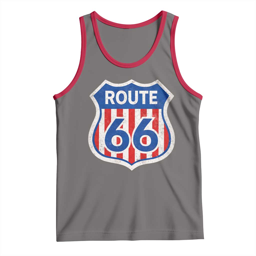 Vintage Route Highway 66 Historical Sign Distressed American Flag Road Trip Tank Top