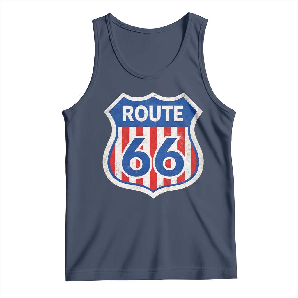Vintage Route Highway 66 Historical Sign Distressed American Flag Road Trip Tank Top