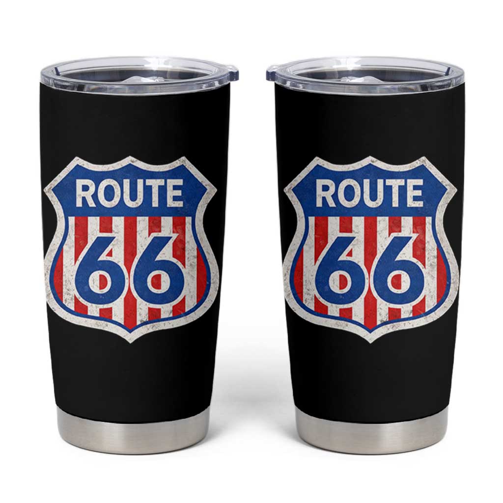 Vintage Route Highway 66 Historical Sign Distressed American Flag Road Trip Tumbler Cup