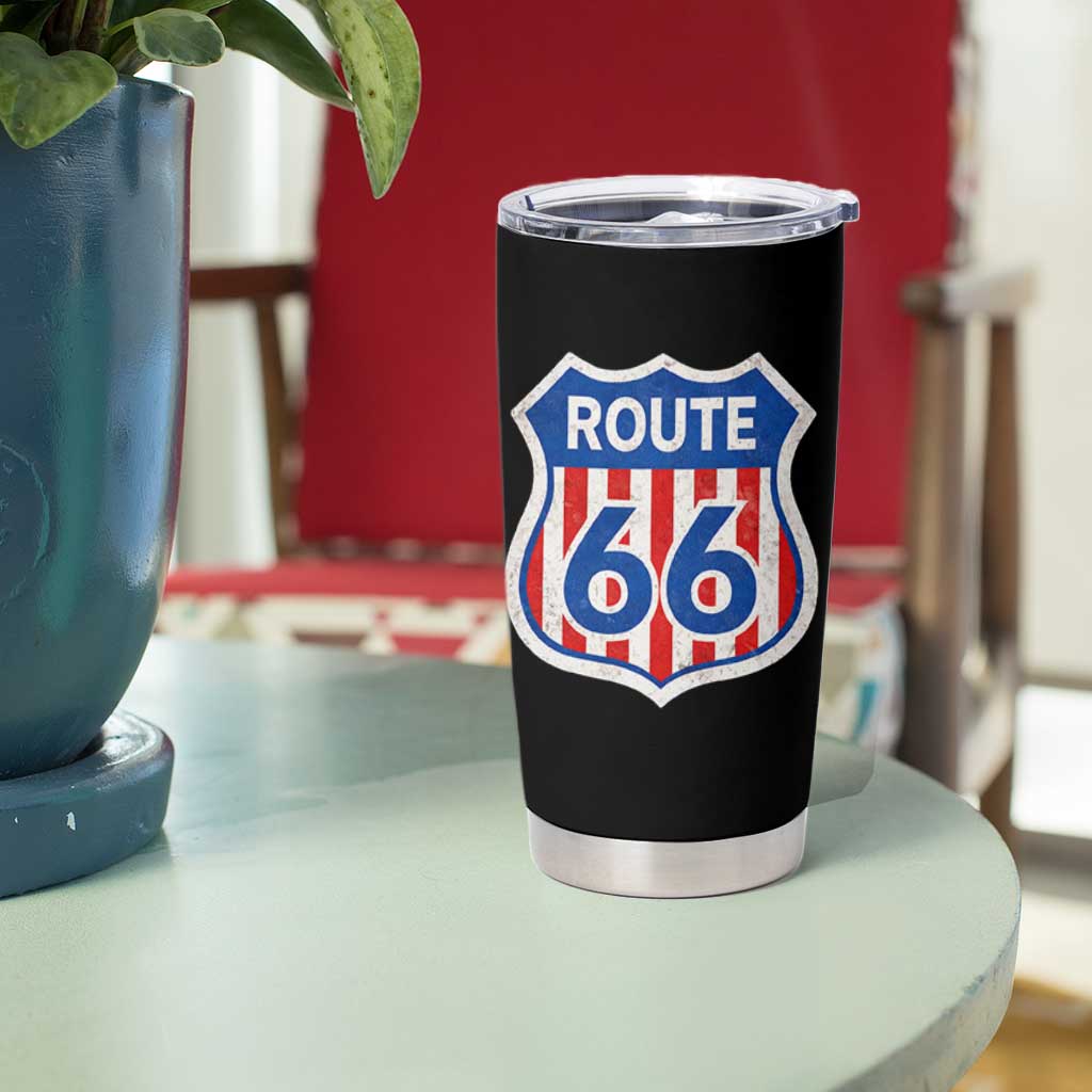 Vintage Route Highway 66 Historical Sign Distressed American Flag Road Trip Tumbler Cup