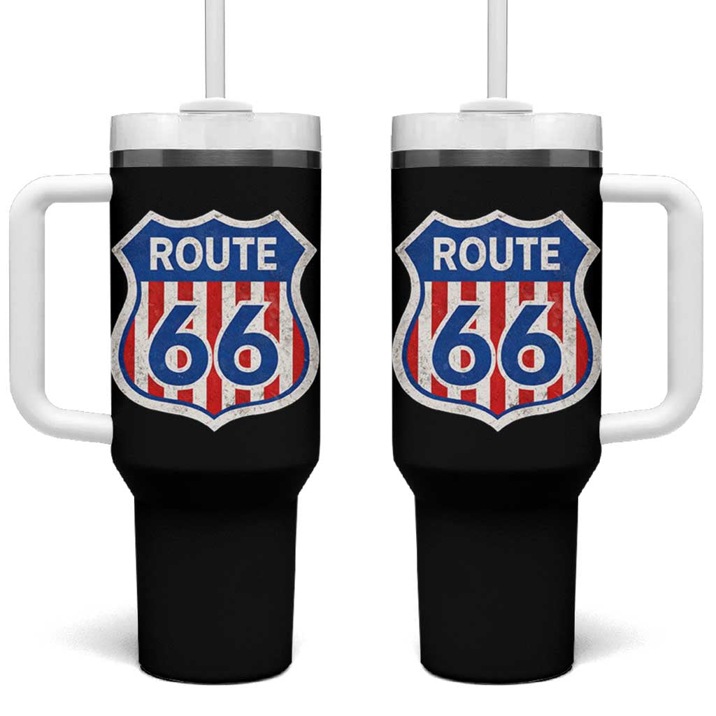 Vintage Route Highway 66 Historical Sign Distressed American Flag Road Trip Tumbler With Handle