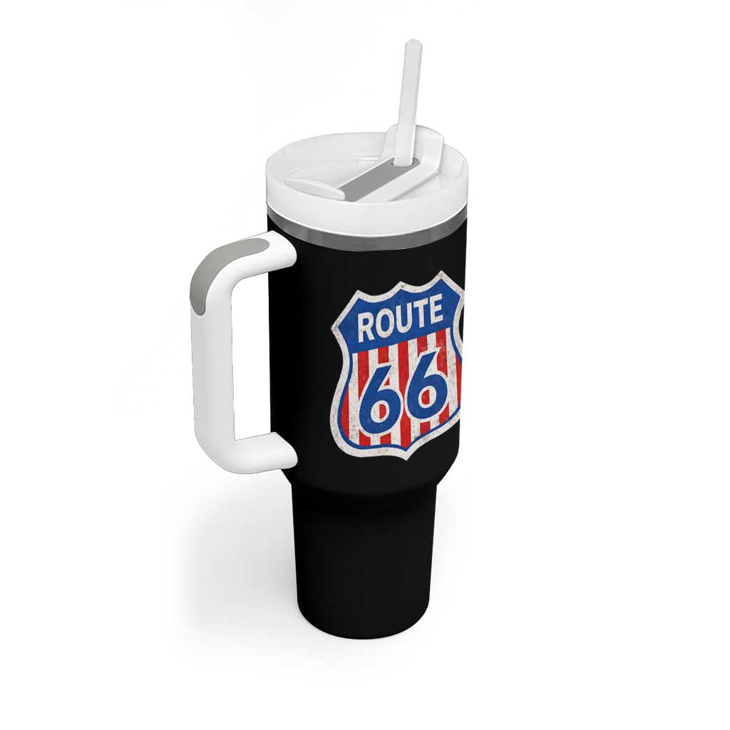 Vintage Route Highway 66 Historical Sign Distressed American Flag Road Trip Tumbler With Handle