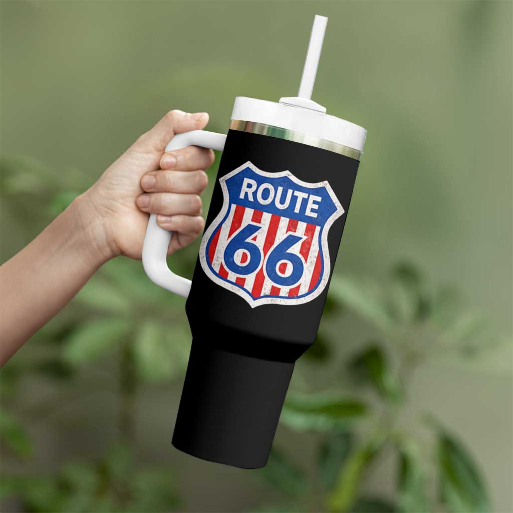 Vintage Route Highway 66 Historical Sign Distressed American Flag Road Trip Tumbler With Handle
