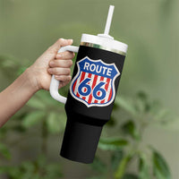 Vintage Route Highway 66 Historical Sign Distressed American Flag Road Trip Tumbler With Handle