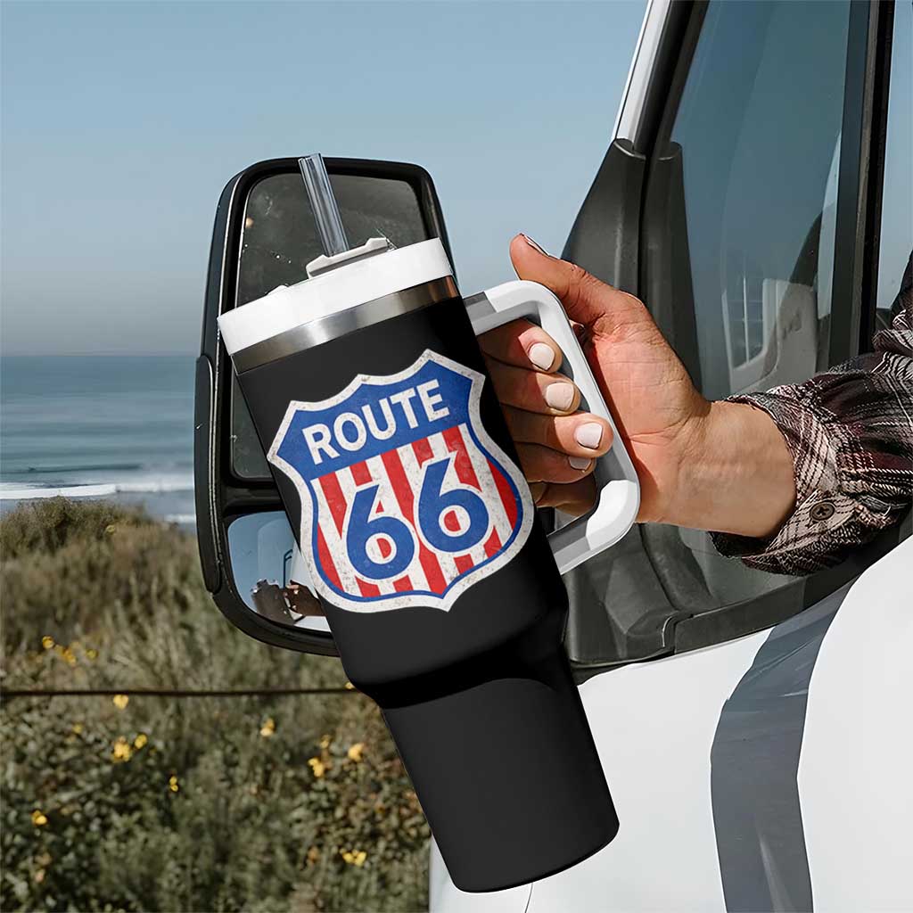 Vintage Route Highway 66 Historical Sign Distressed American Flag Road Trip Tumbler With Handle