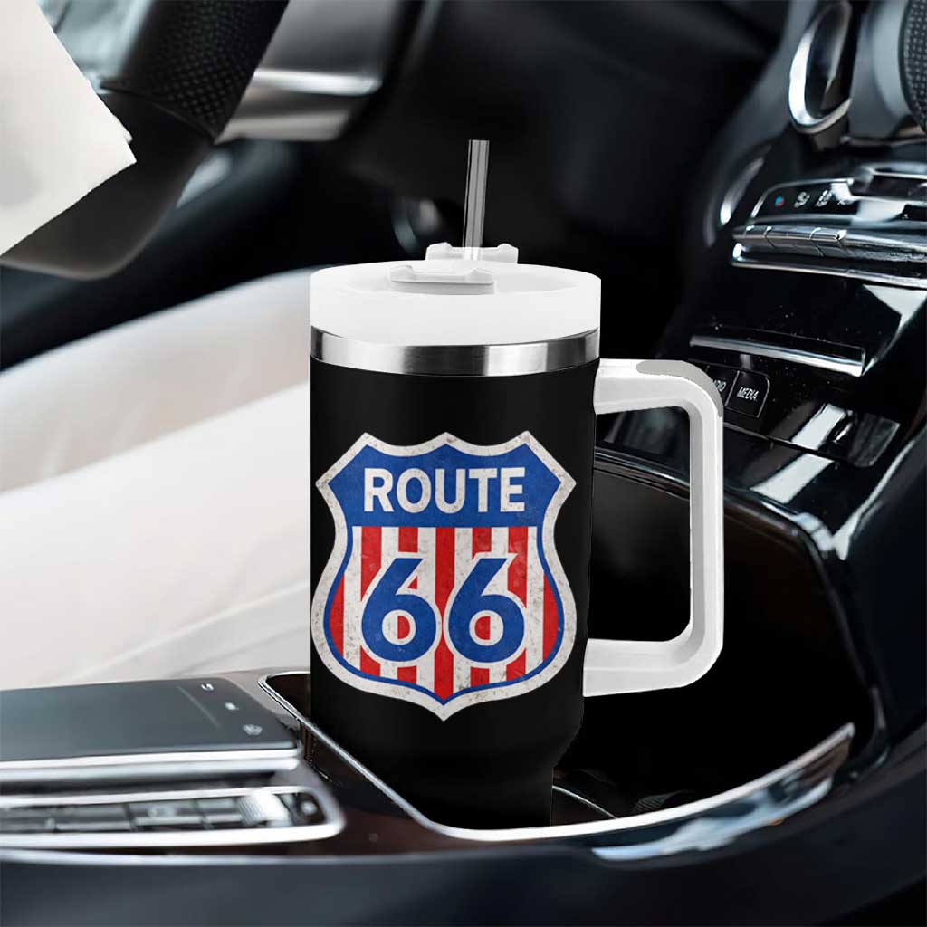 Vintage Route Highway 66 Historical Sign Distressed American Flag Road Trip Tumbler With Handle