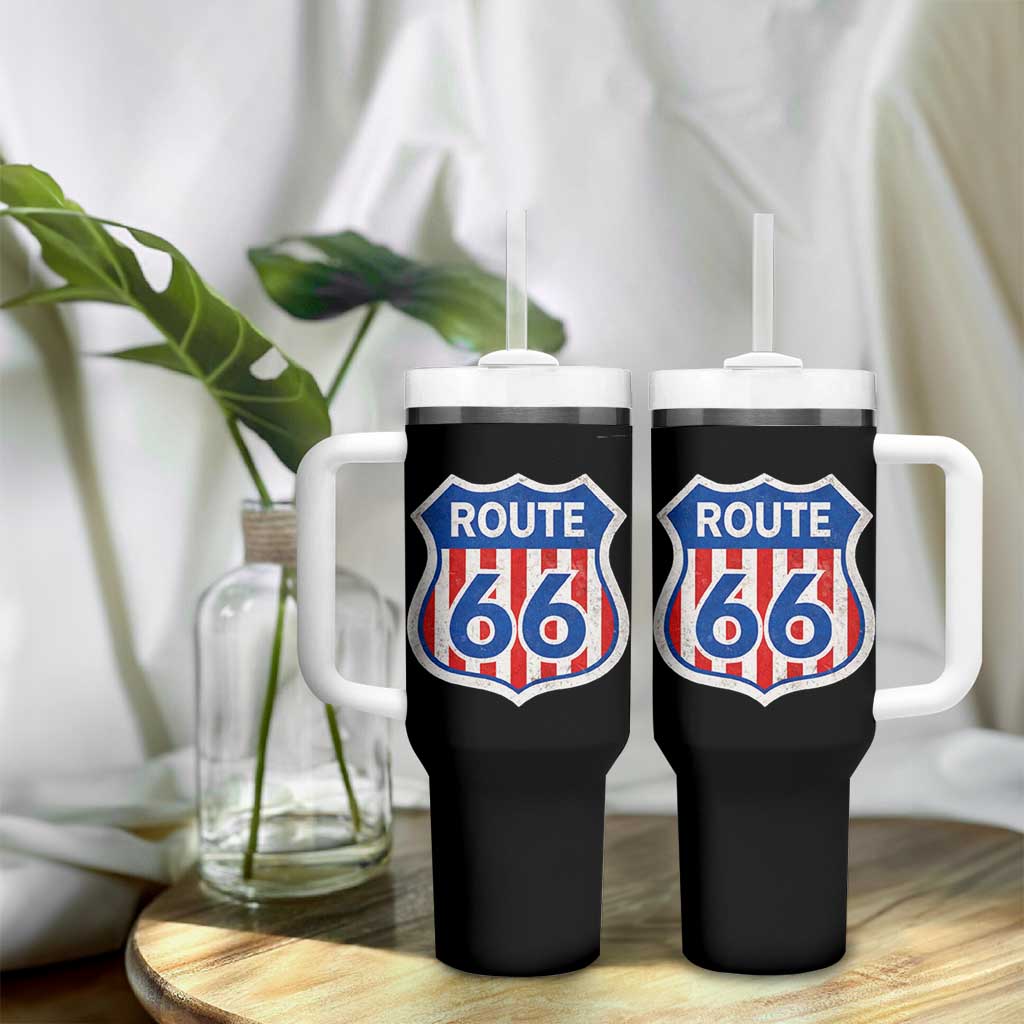 Vintage Route Highway 66 Historical Sign Distressed American Flag Road Trip Tumbler With Handle