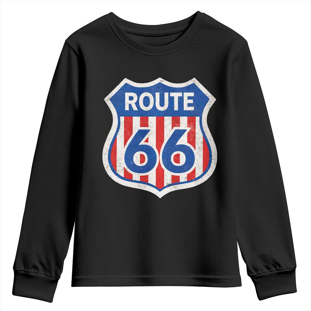 Vintage Route Highway 66 Historical Sign Distressed American Flag Road Trip Youth Sweatshirt