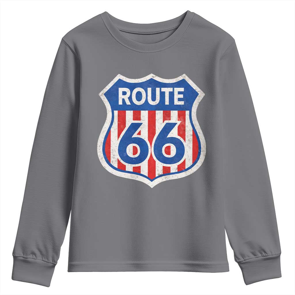 Vintage Route Highway 66 Historical Sign Distressed American Flag Road Trip Youth Sweatshirt