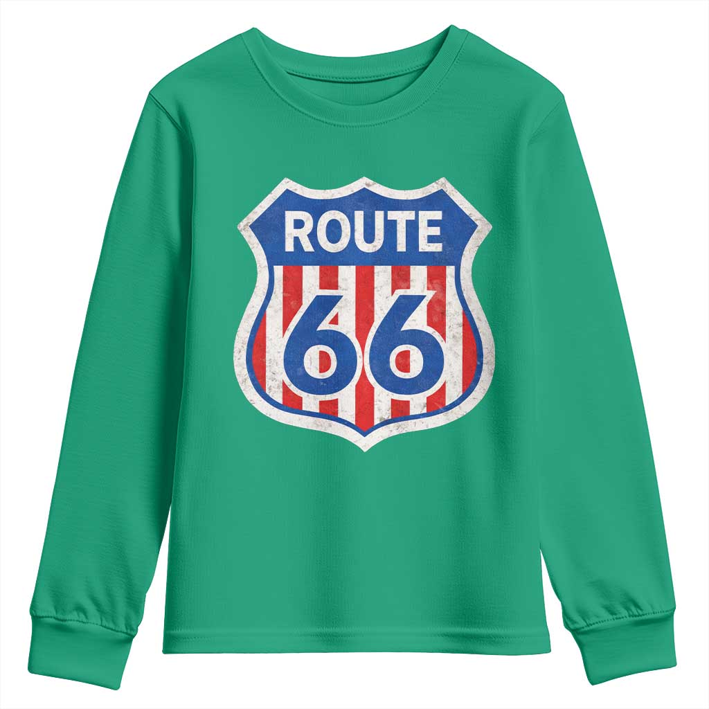 Vintage Route Highway 66 Historical Sign Distressed American Flag Road Trip Youth Sweatshirt