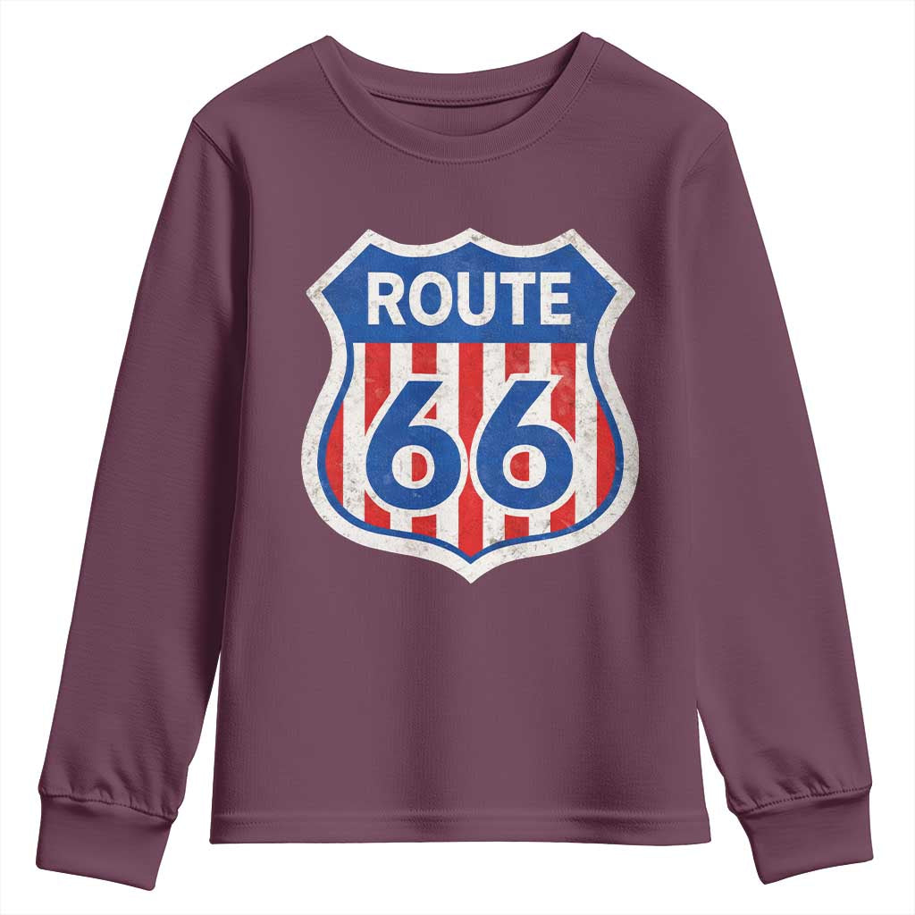 Vintage Route Highway 66 Historical Sign Distressed American Flag Road Trip Youth Sweatshirt
