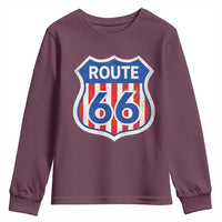 Vintage Route Highway 66 Historical Sign Distressed American Flag Road Trip Youth Sweatshirt