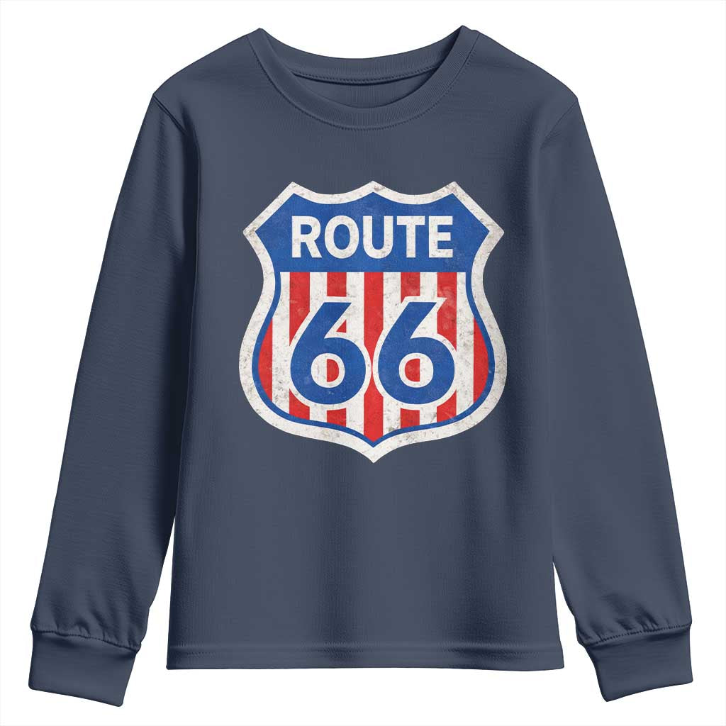 Vintage Route Highway 66 Historical Sign Distressed American Flag Road Trip Youth Sweatshirt