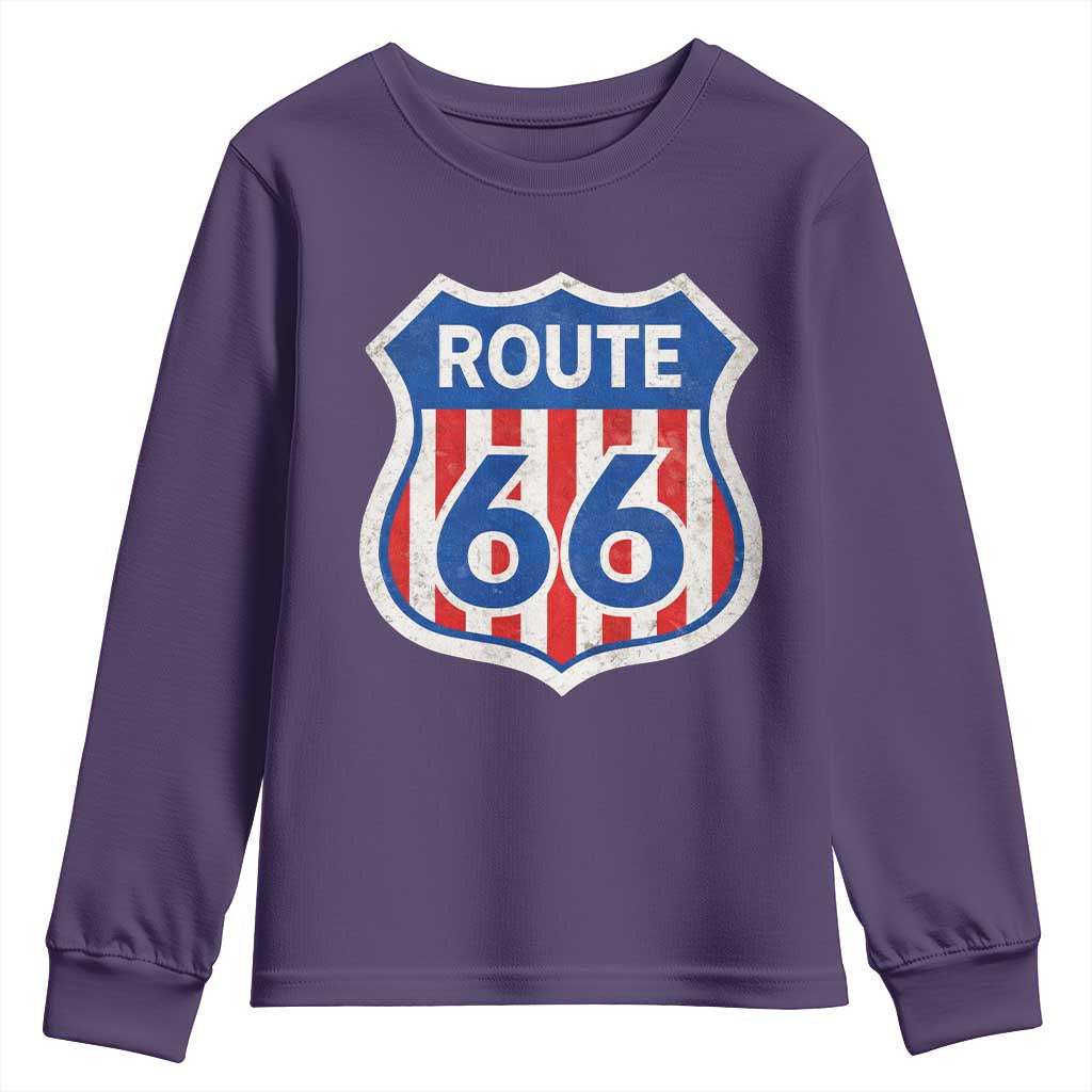 Vintage Route Highway 66 Historical Sign Distressed American Flag Road Trip Youth Sweatshirt