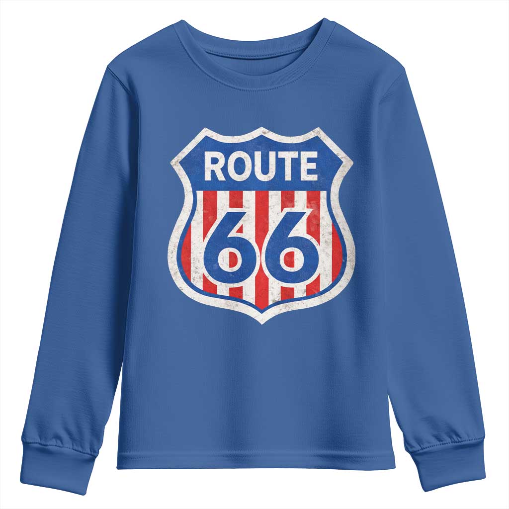 Vintage Route Highway 66 Historical Sign Distressed American Flag Road Trip Youth Sweatshirt