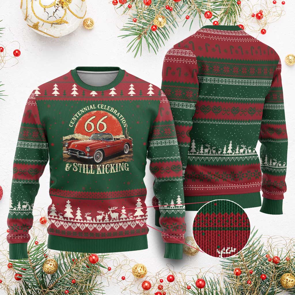 Route Highway 66 100 Years Anniversary Ugly Christmas Sweater Centennial Celebration And Still Kicking Mother Road