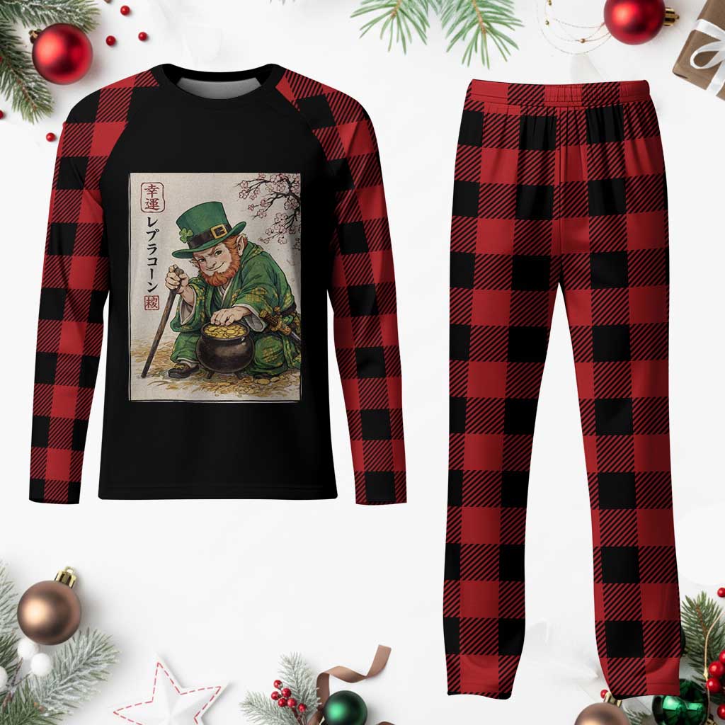 Vintage Japanese Leprechaun St Patricks Day Shamrock Ukiyo e Art Plaid Pajama Set