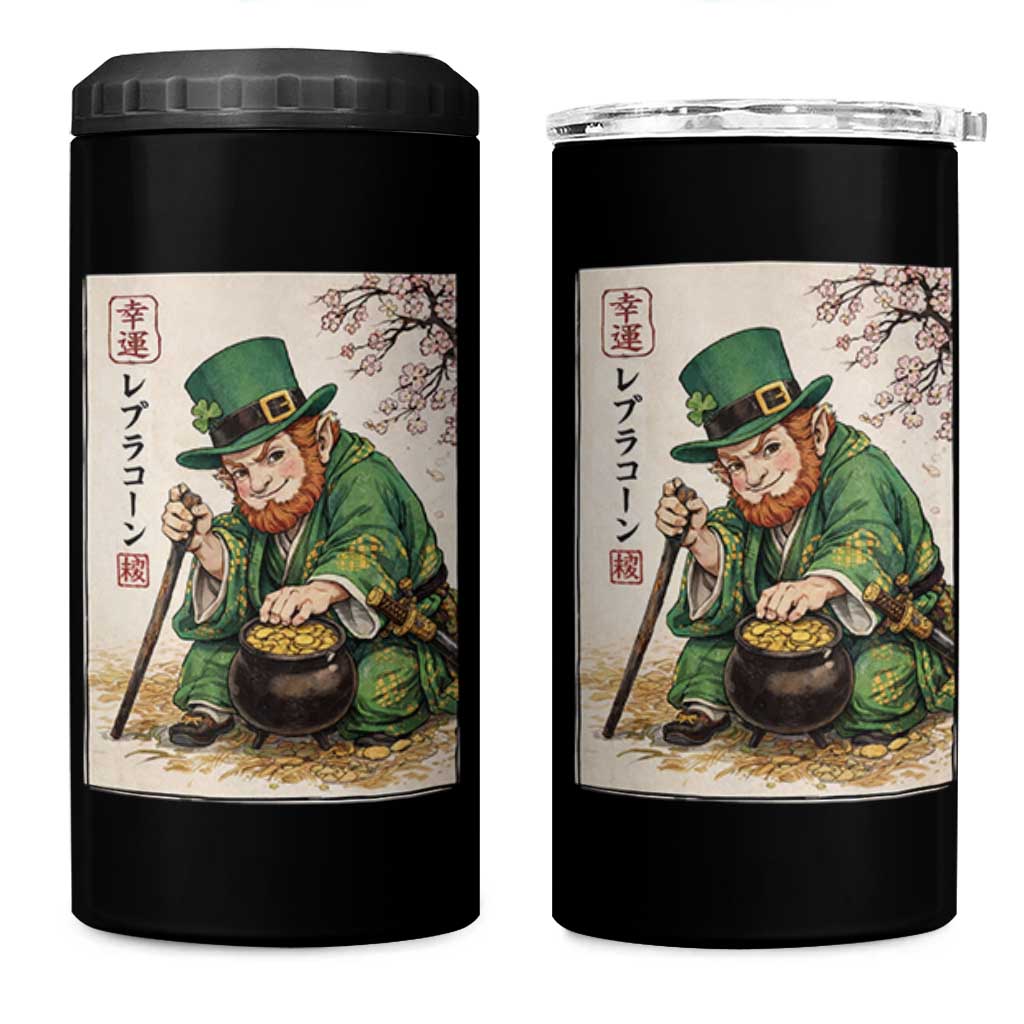 Vintage Japanese Leprechaun St Patricks Day Shamrock Ukiyo e Art 4 in 1 Can Cooler Tumbler