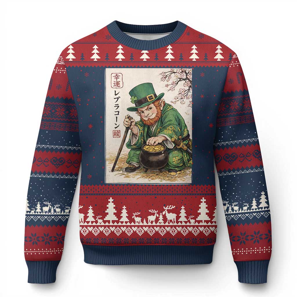 Vintage Japanese Leprechaun St Patricks Day Shamrock Ukiyo e Art Ugly Christmas Sweater