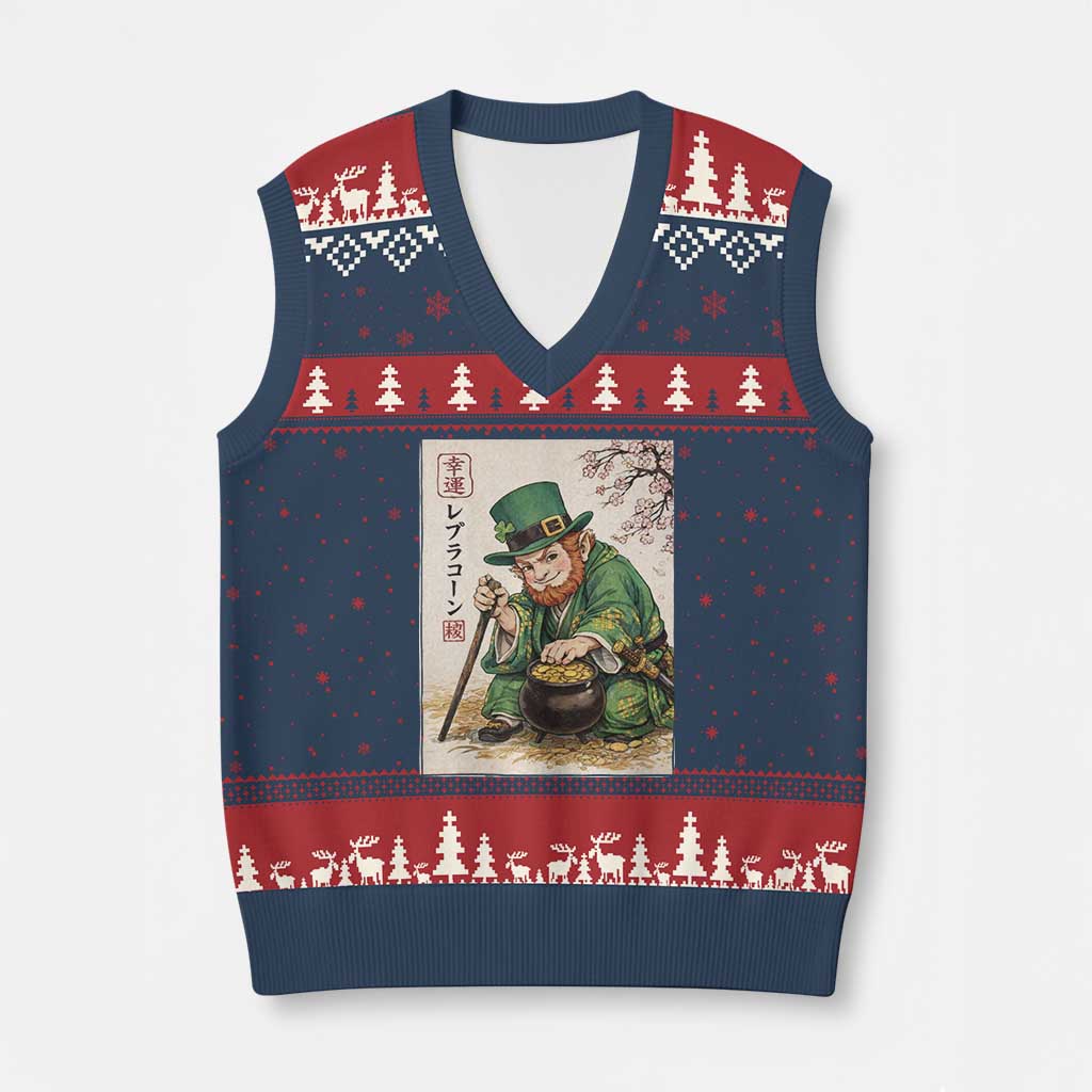 Vintage Japanese Leprechaun St Patricks Day Shamrock Ukiyo e Art V-Neck Knit Sweater Vest