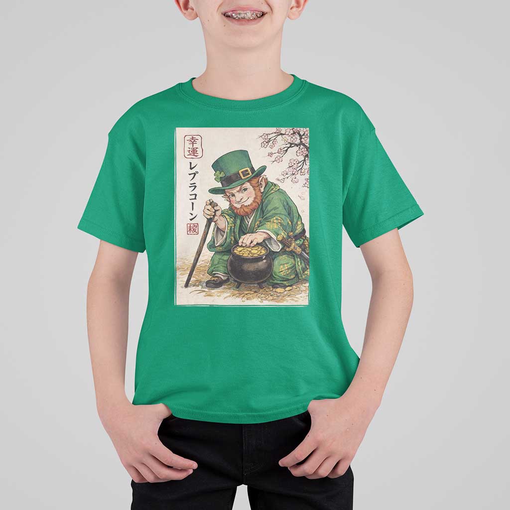 Vintage Japanese Leprechaun St Patricks Day Shamrock Ukiyo e Art T Shirt For Kid