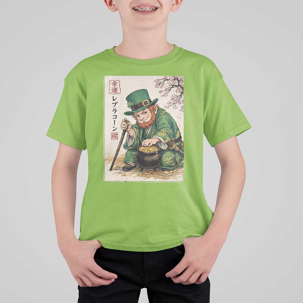 Vintage Japanese Leprechaun St Patricks Day Shamrock Ukiyo e Art T Shirt For Kid