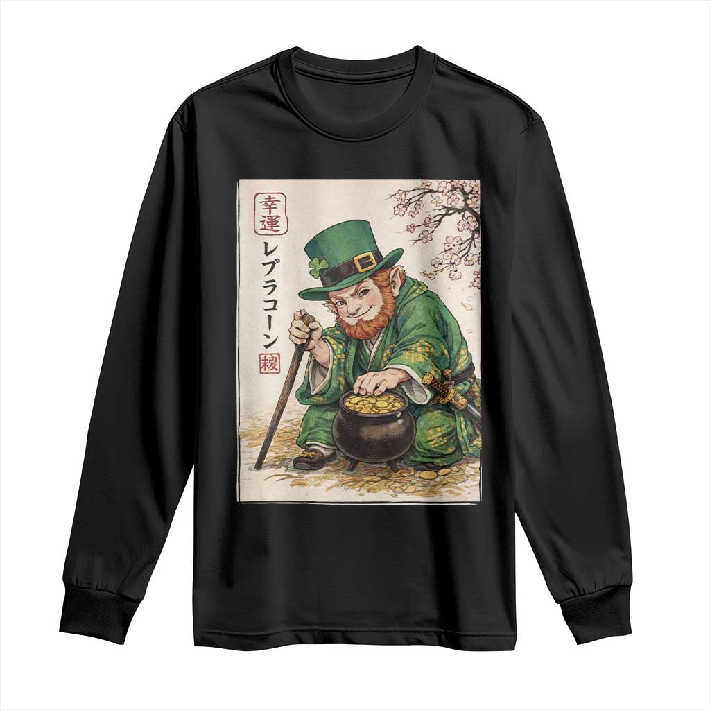 Vintage Japanese Leprechaun St Patricks Day Shamrock Ukiyo e Art Long Sleeve Shirt