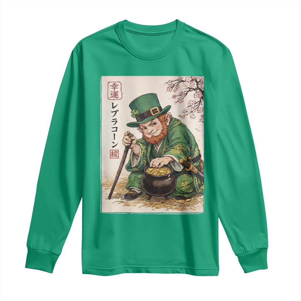 Vintage Japanese Leprechaun St Patricks Day Shamrock Ukiyo e Art Long Sleeve Shirt