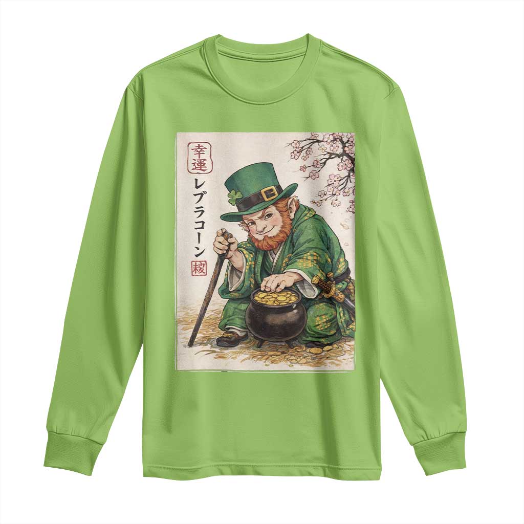 Vintage Japanese Leprechaun St Patricks Day Shamrock Ukiyo e Art Long Sleeve Shirt