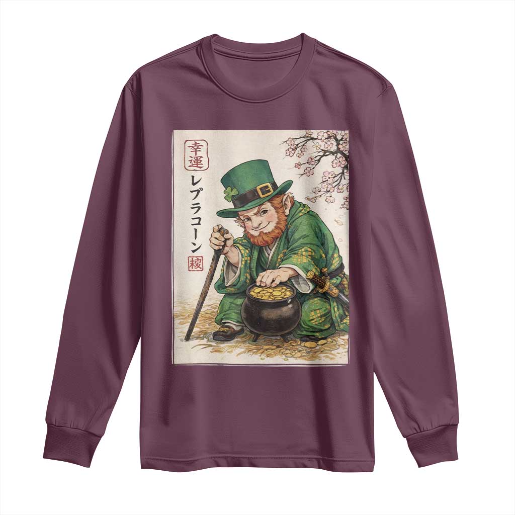 Vintage Japanese Leprechaun St Patricks Day Shamrock Ukiyo e Art Long Sleeve Shirt