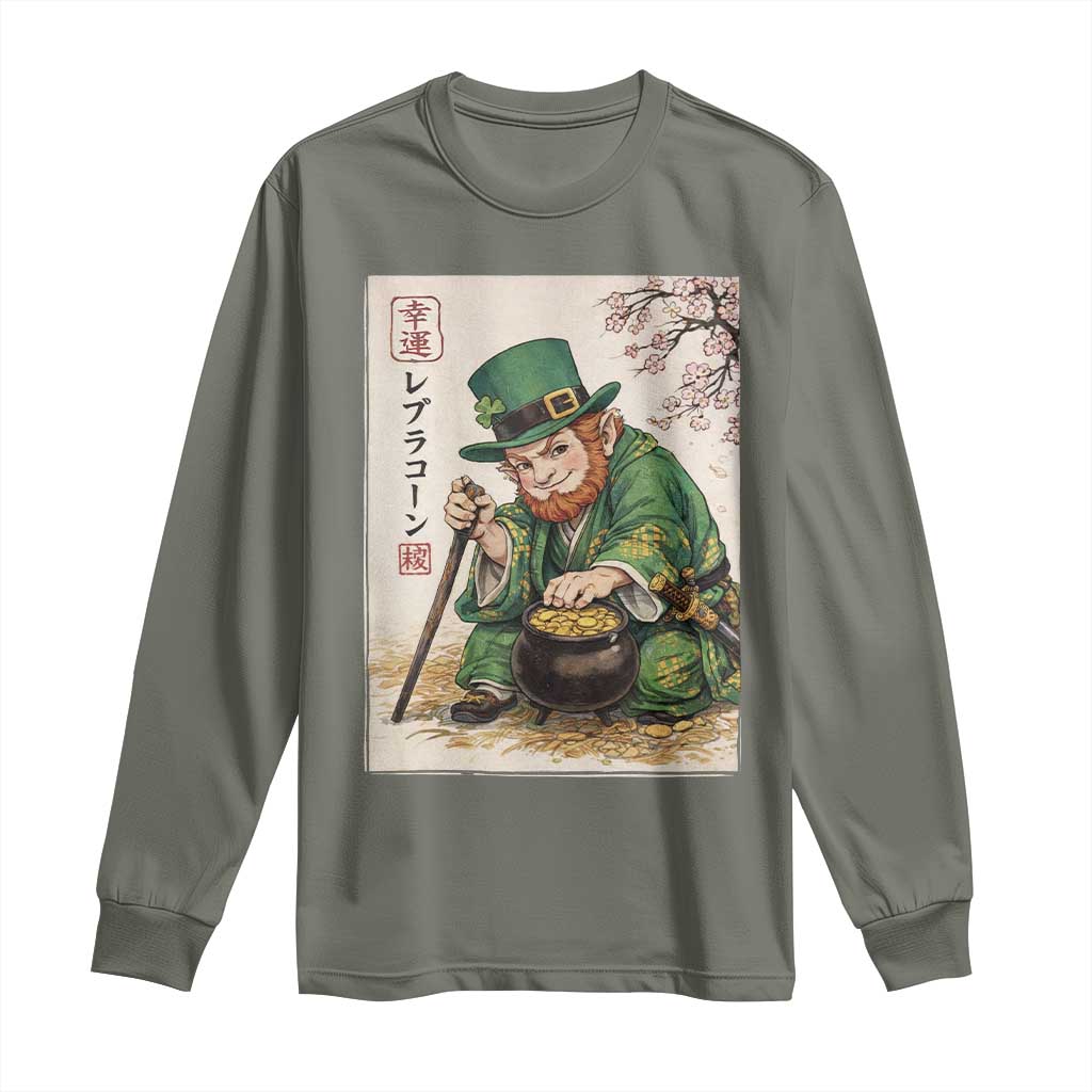 Vintage Japanese Leprechaun St Patricks Day Shamrock Ukiyo e Art Long Sleeve Shirt