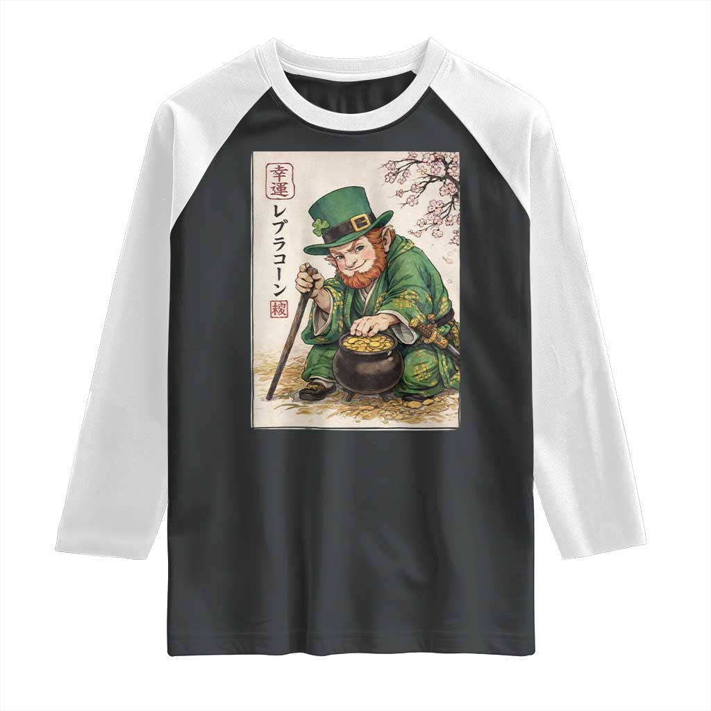 Vintage Japanese Leprechaun St Patricks Day Shamrock Ukiyo e Art Raglan Shirt