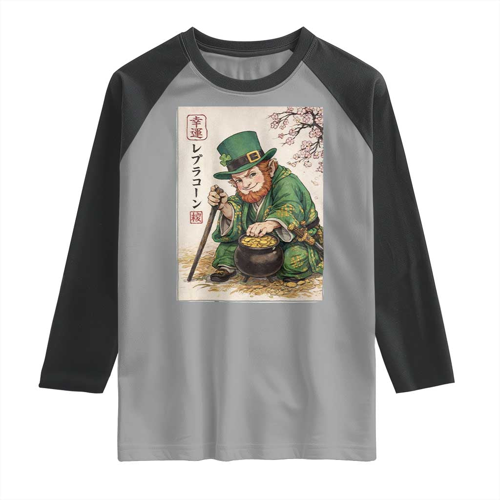 Vintage Japanese Leprechaun St Patricks Day Shamrock Ukiyo e Art Raglan Shirt