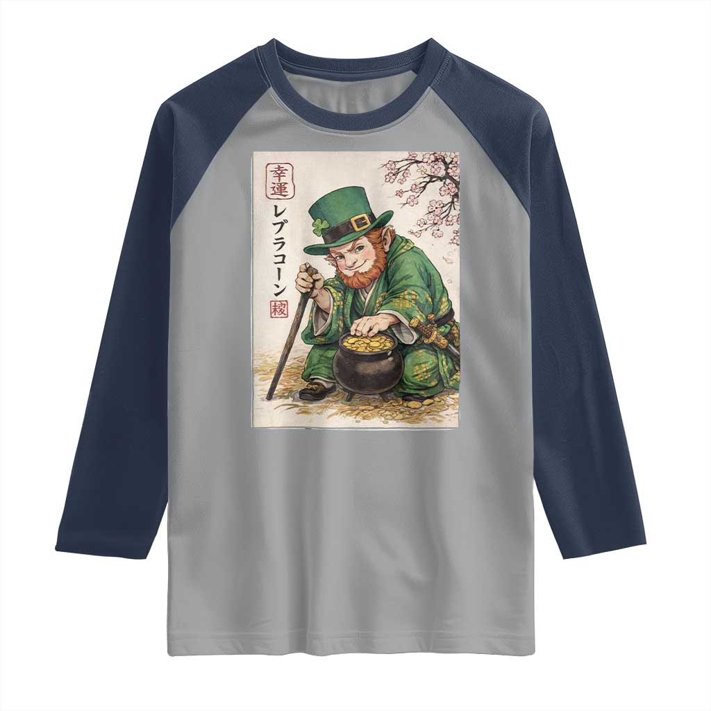 Vintage Japanese Leprechaun St Patricks Day Shamrock Ukiyo e Art Raglan Shirt