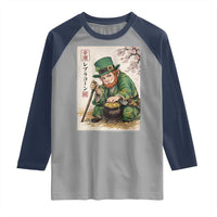 Vintage Japanese Leprechaun St Patricks Day Shamrock Ukiyo e Art Raglan Shirt