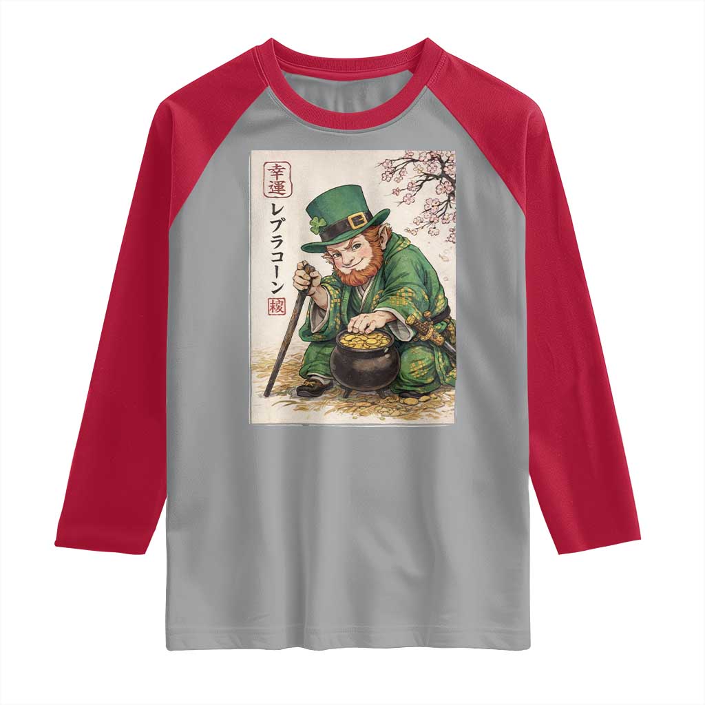 Vintage Japanese Leprechaun St Patricks Day Shamrock Ukiyo e Art Raglan Shirt