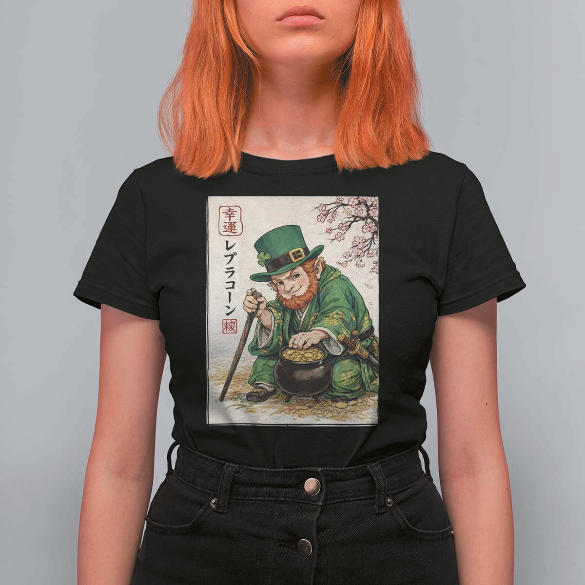 Vintage Japanese Leprechaun St Patricks Day Shamrock Ukiyo e Art T Shirt For Women