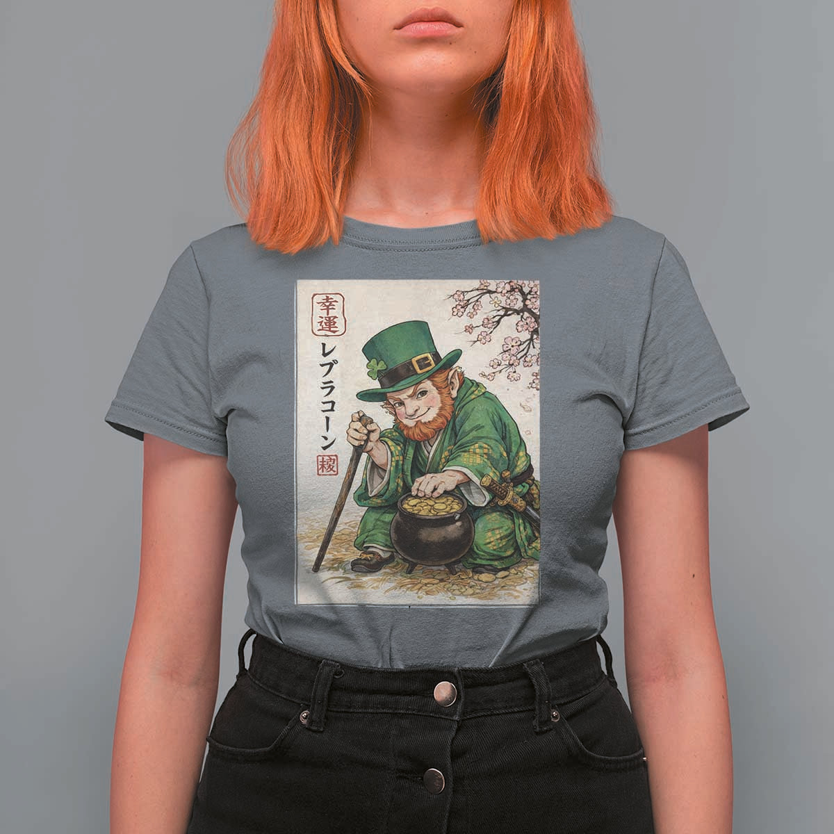 Vintage Japanese Leprechaun St Patricks Day Shamrock Ukiyo e Art T Shirt For Women