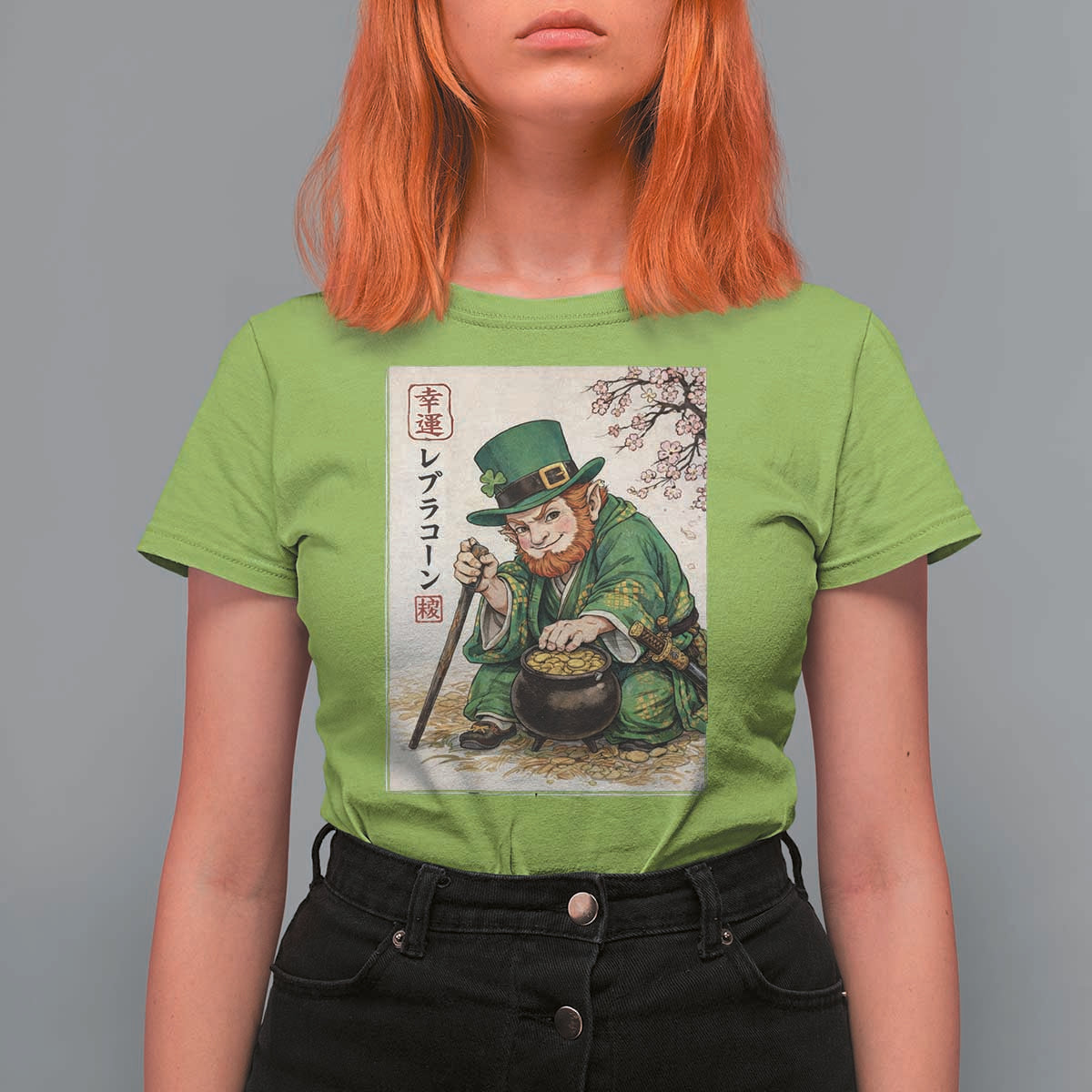 Vintage Japanese Leprechaun St Patricks Day Shamrock Ukiyo e Art T Shirt For Women