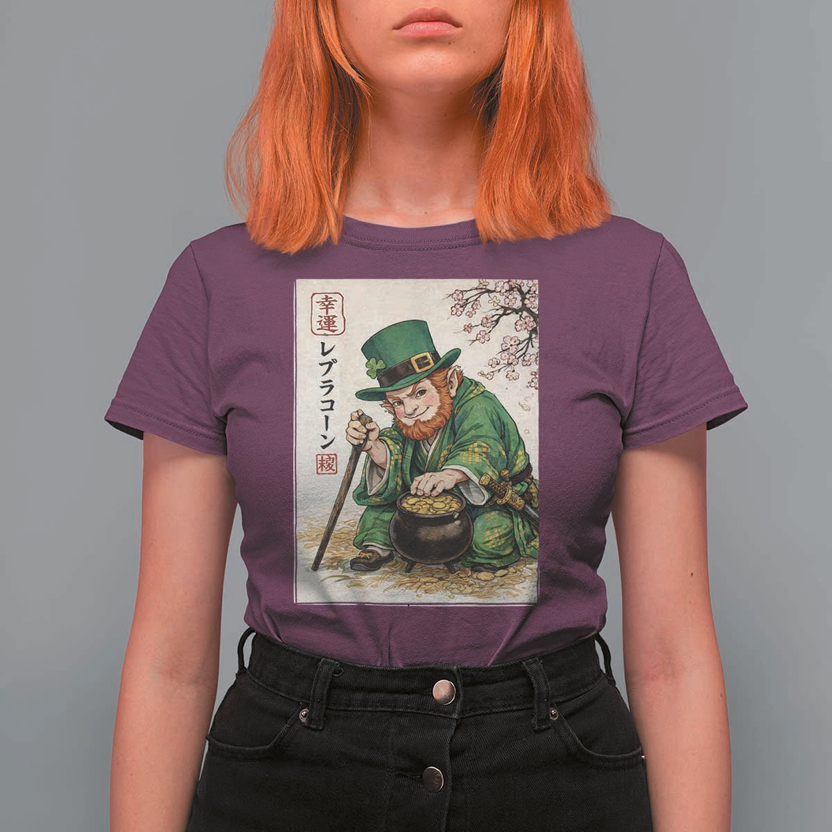 Vintage Japanese Leprechaun St Patricks Day Shamrock Ukiyo e Art T Shirt For Women